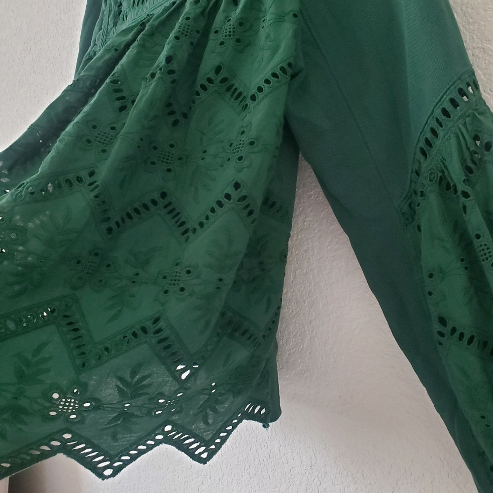 Anthropologie Forever That Girl Boho Green Lace Eyelet Sweatshirt Sweater S - Picture 14 of 16